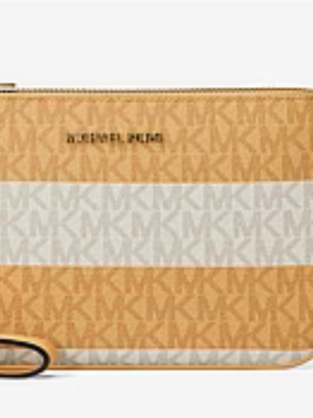 Michael Kors Tan and White Striped MK Logo Wristlet